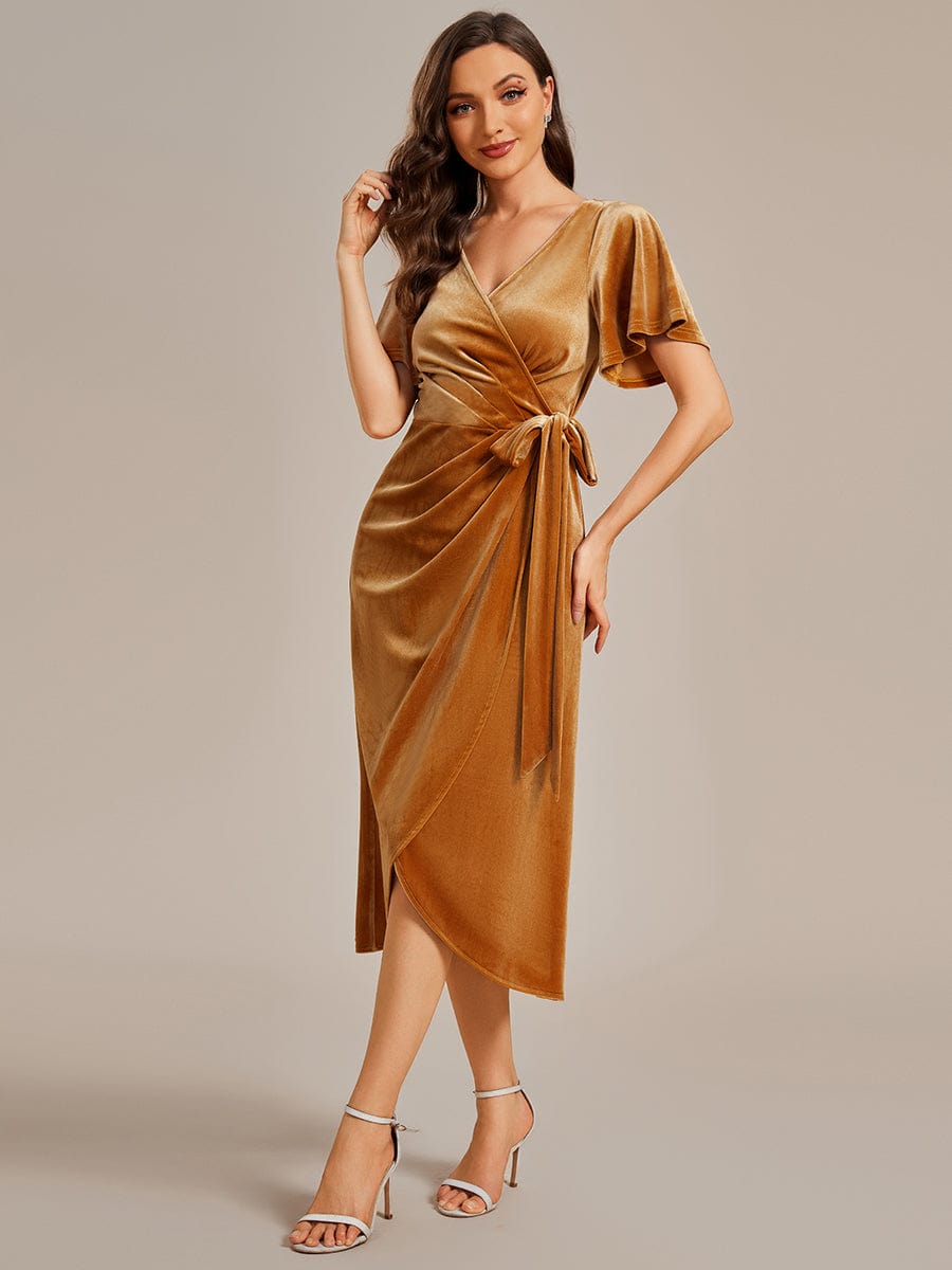 One-Piece Type Short Sleeves V-Neck Velvet Midi Wedding Guest Dress #color_Ginger