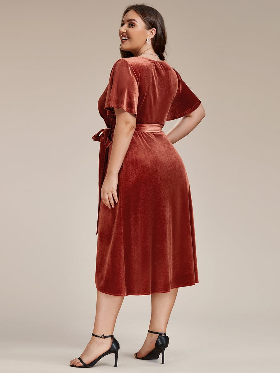 One-Piece Type Short Sleeves V-Neck Velvet Midi Wedding Guest Dress #color_Brick Red