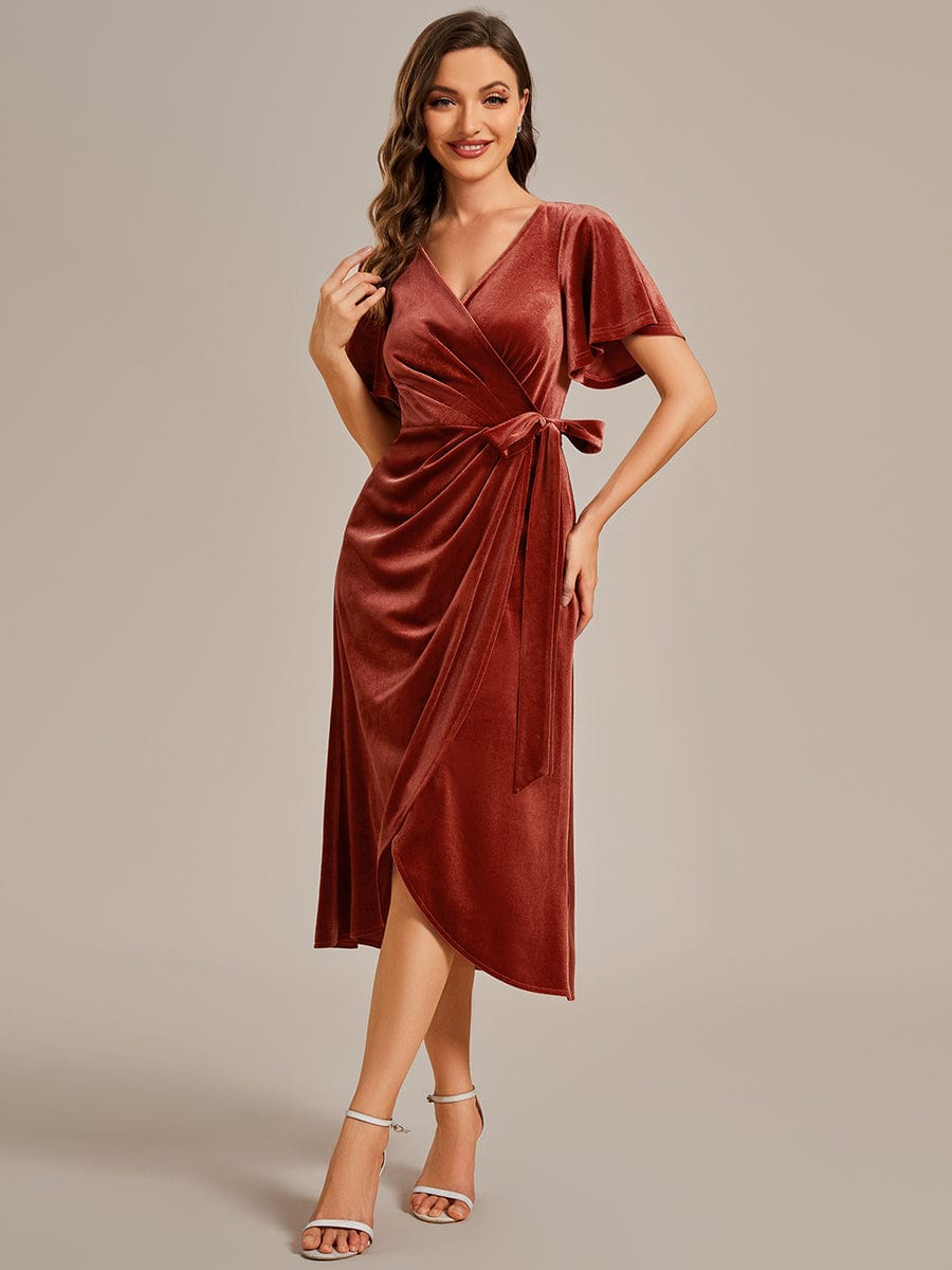 One-Piece Type Short Sleeves V-Neck Velvet Midi Wedding Guest Dress #color_Brick Red