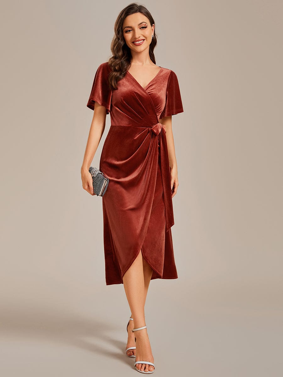 Red fashion velvet v neck dress