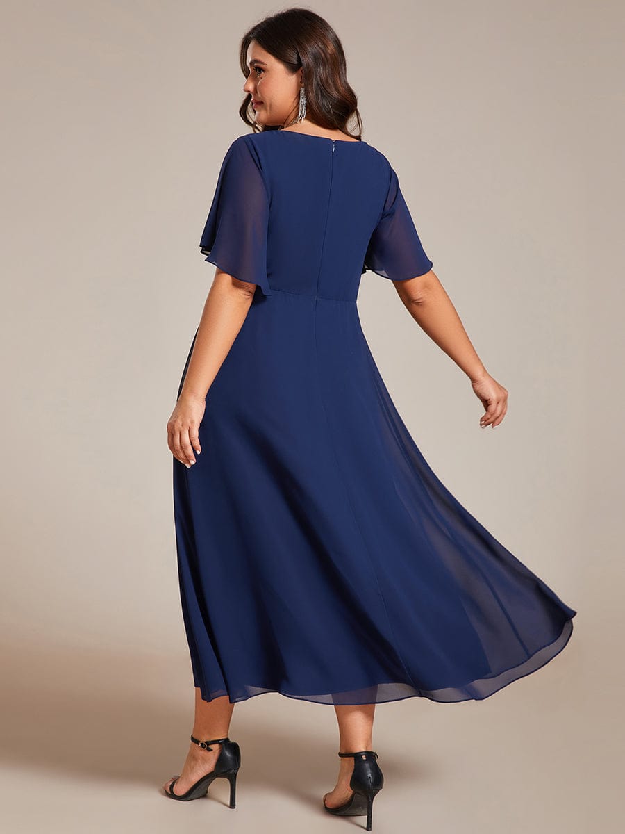 Short Sleeves V-Neck Tea Length Wedding Guest Dress with Floral Applique #color_Navy Blue