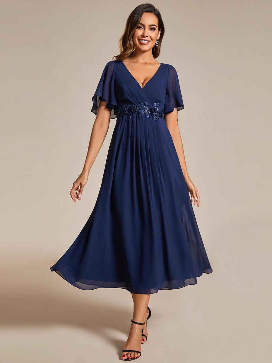 Short Sleeves V-Neck Tea Length Wedding Guest Dress with Floral Applique #color_Navy Blue