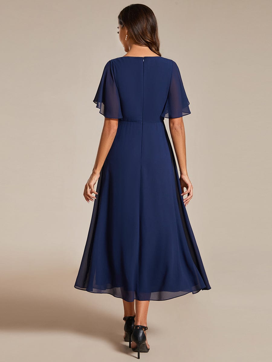 Short Sleeves V-Neck Tea Length Wedding Guest Dress with Floral Applique #color_Navy Blue