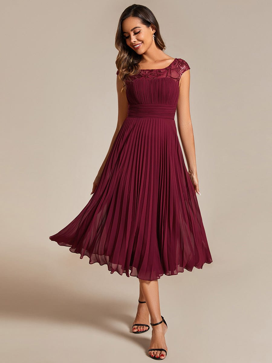 A-Line Pleated Chiffon Wedding Guest Dress with Round Neckline and Sleeveless #color_Burgundy