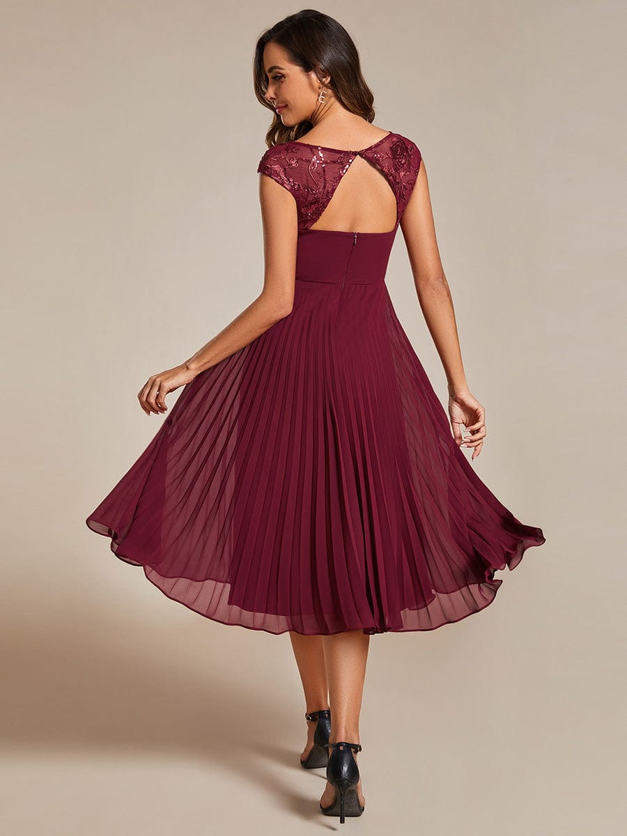 A-Line Pleated Chiffon Wedding Guest Dress with Round Neckline and Sleeveless #color_Burgundy