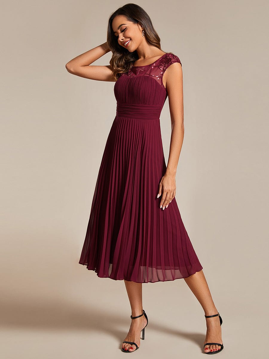 A-Line Pleated Chiffon Wedding Guest Dress with Round Neckline and Sleeveless #color_Burgundy