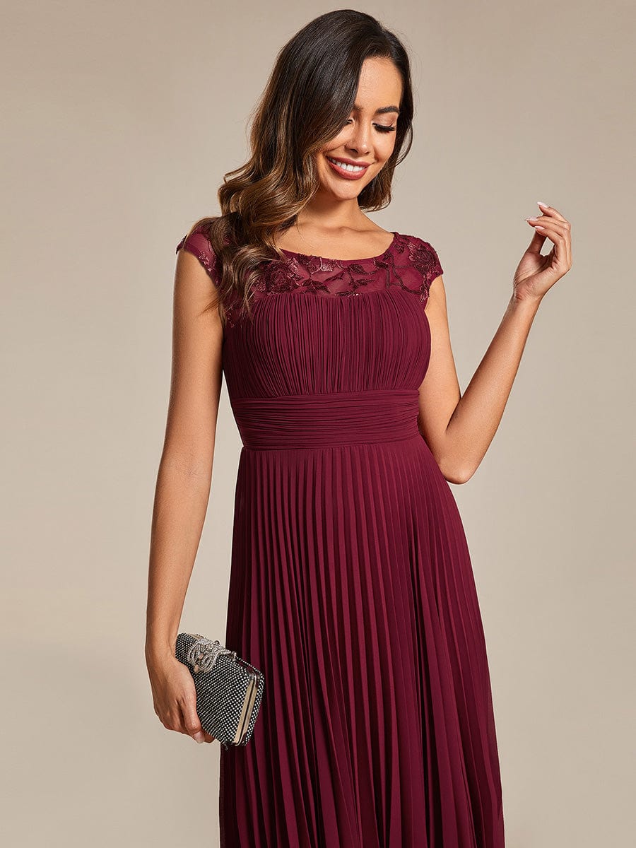 A-Line Pleated Chiffon Wedding Guest Dress with Round Neckline and Sleeveless #color_Burgundy