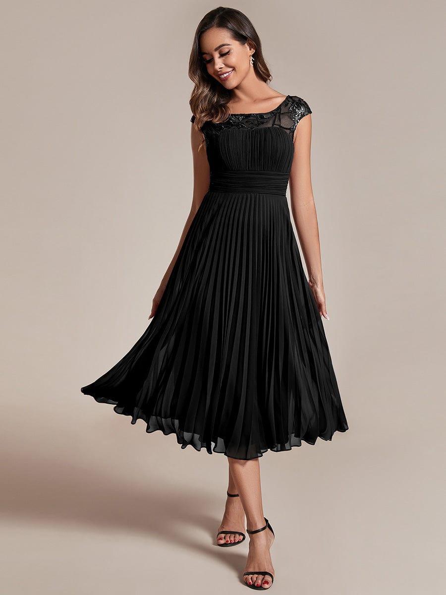 A-Line Pleated Chiffon Wedding Guest Dress with Round Neckline and Sleeveless #color_Black