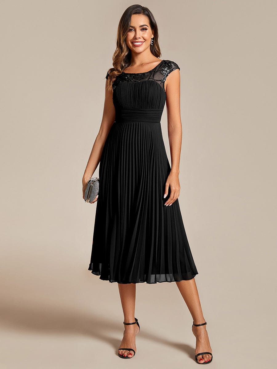 A-Line Pleated Chiffon Wedding Guest Dress with Round Neckline and Sleeveless #color_Black