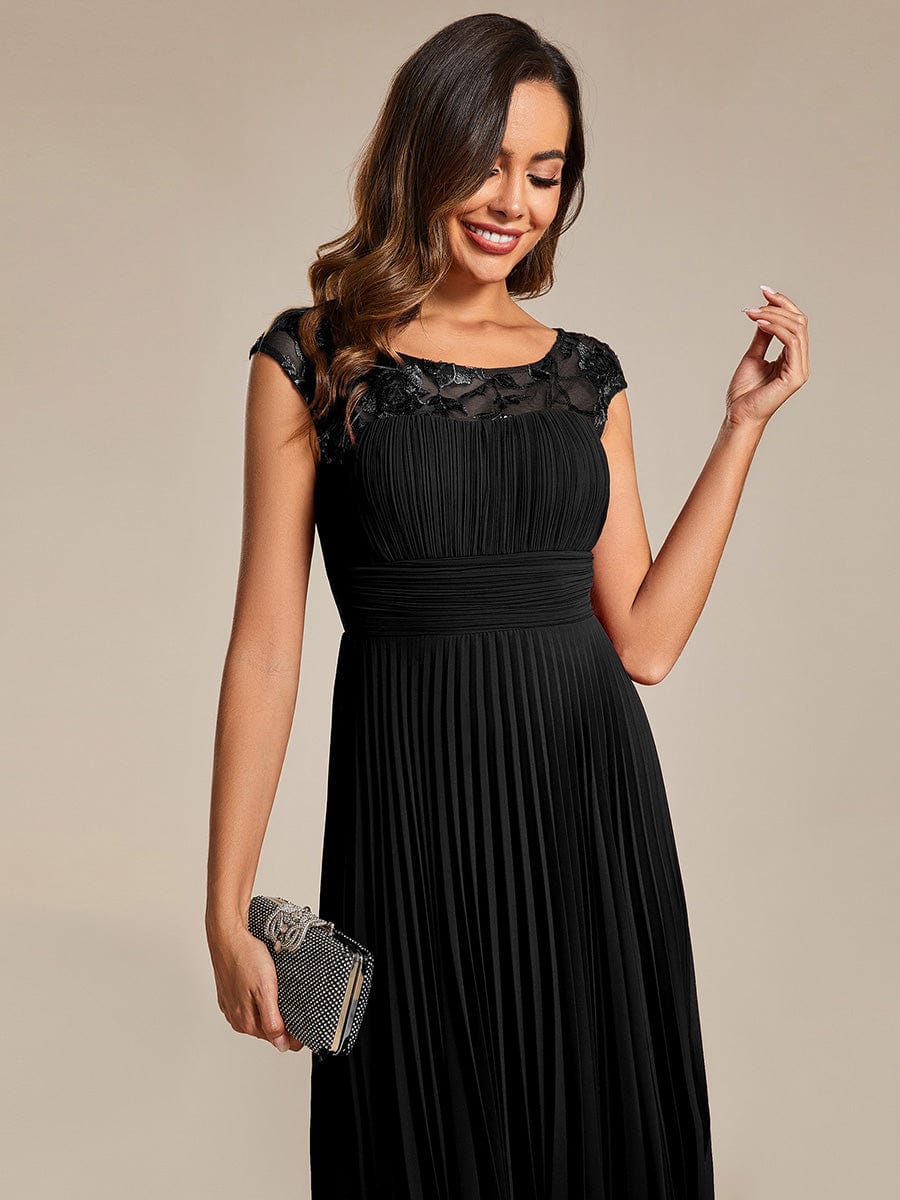 A-Line Pleated Chiffon Wedding Guest Dress with Round Neckline and Sleeveless #color_Black