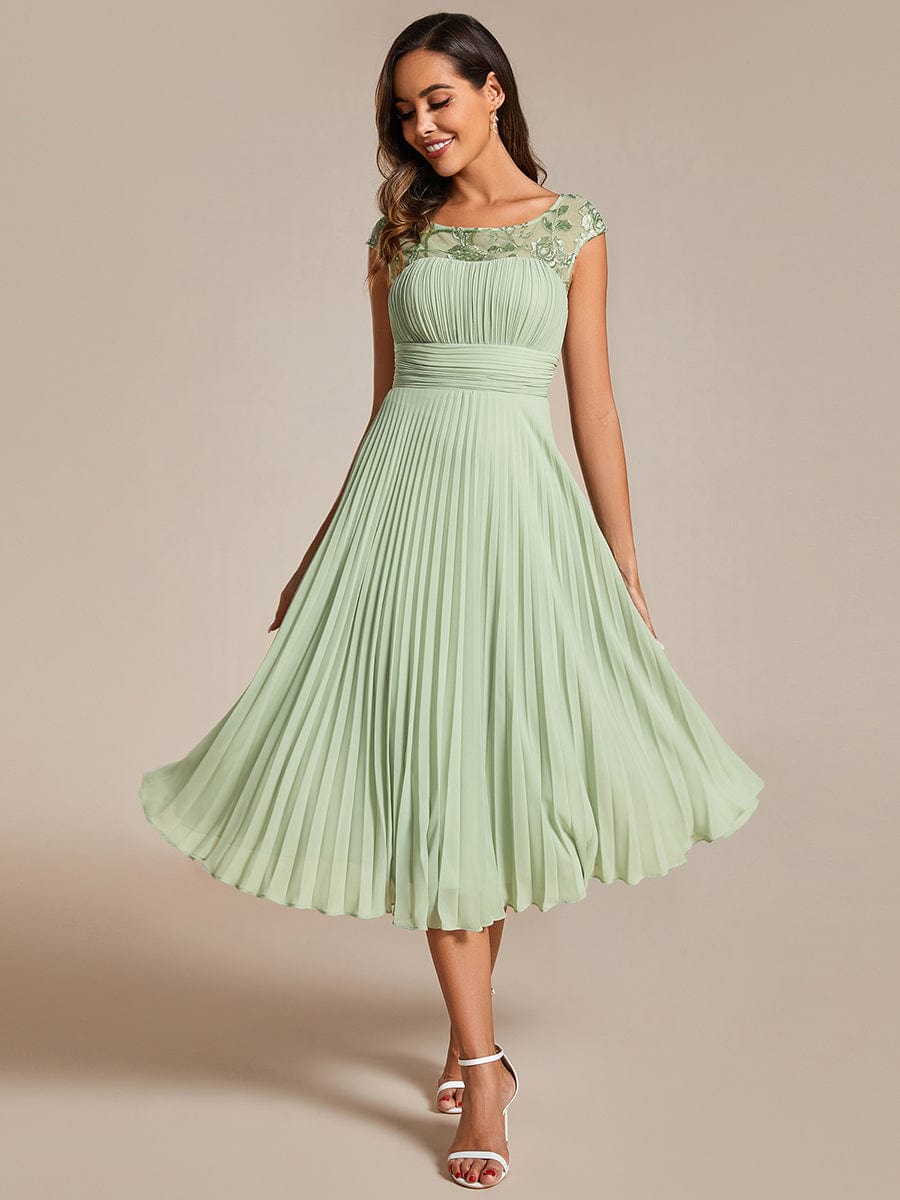 A-Line Pleated Chiffon Wedding Guest Dress with Round Neckline and Sleeveless #color_Mint Green