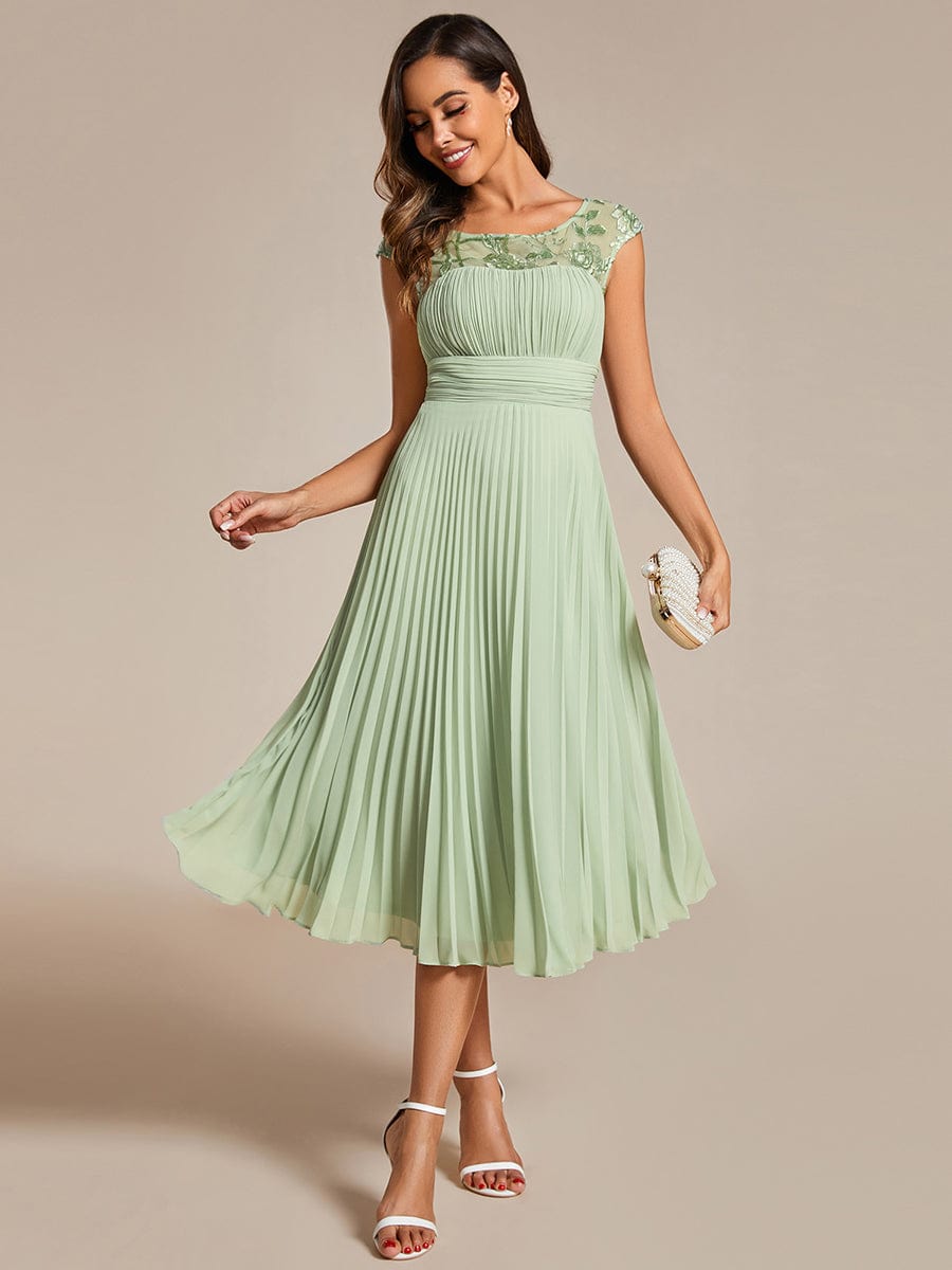 A-Line Pleated Chiffon Wedding Guest Dress with Round Neckline and Sleeveless #color_Mint Green