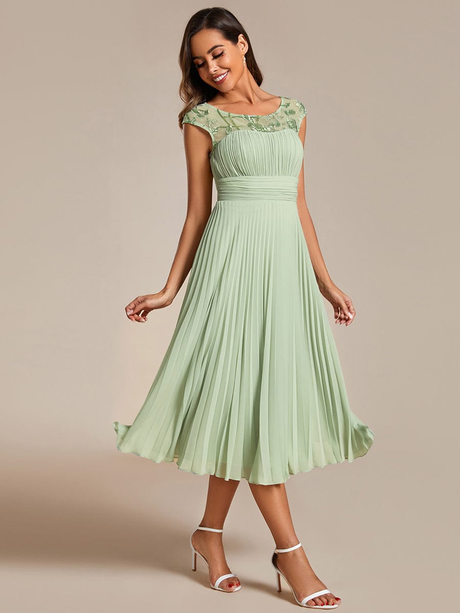 A-Line Pleated Chiffon Wedding Guest Dress with Round Neckline and Sleeveless #color_Mint Green