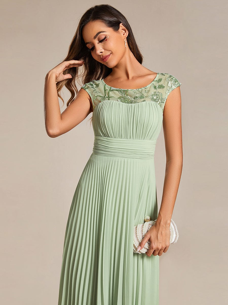 A-Line Pleated Chiffon Wedding Guest Dress with Round Neckline and Sleeveless #color_Mint Green