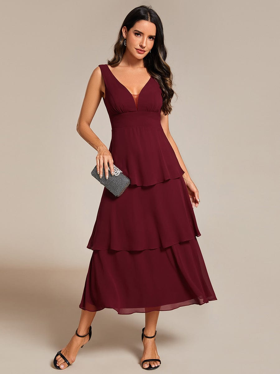 Sleeveless Tiered hem V-Neck Chiffon Wedding Guest Dress #color_Burgundy