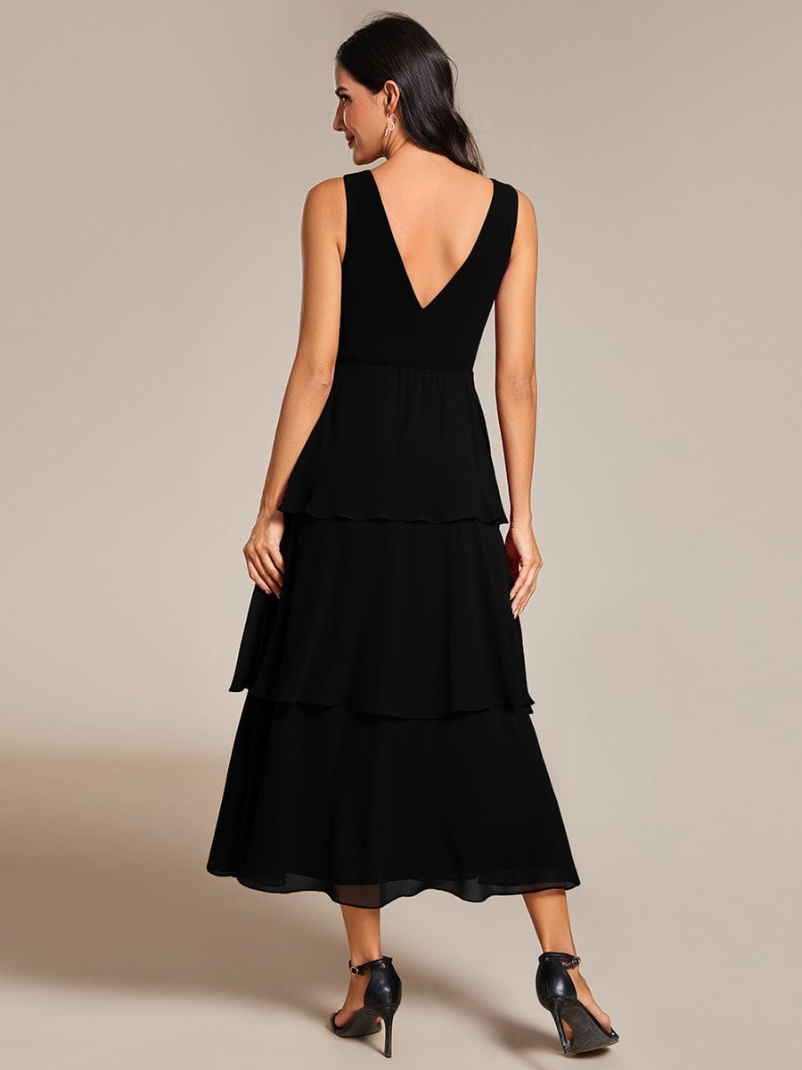 Sleeveless Tiered hem V-Neck Chiffon Wedding Guest Dress #color_Black