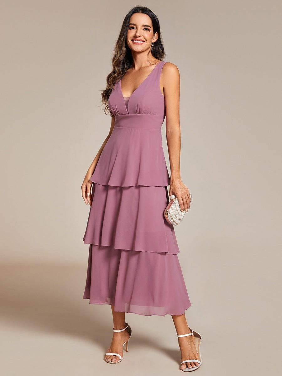 Sleeveless Tiered hem V-Neck Chiffon Wedding Guest Dress #color_Purple Orchid