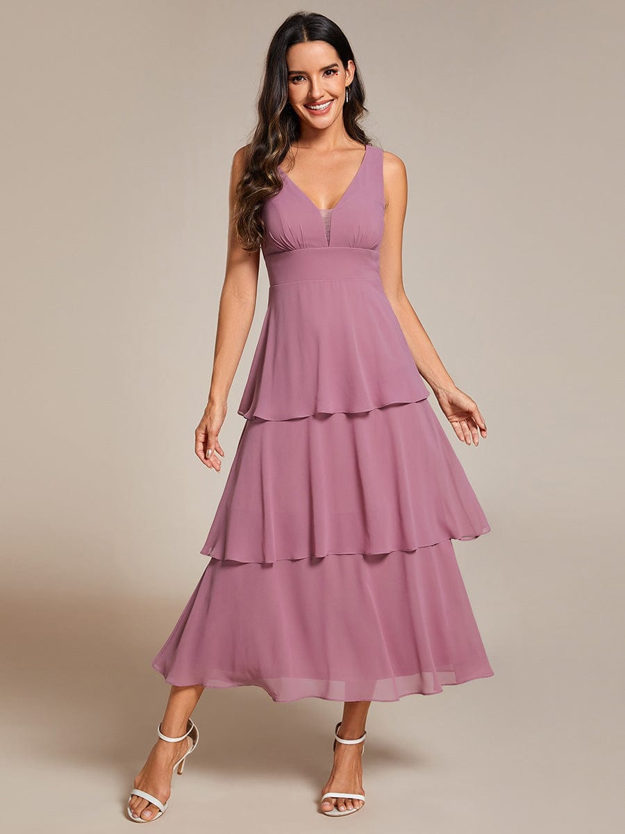 Sleeveless Tiered hem V-Neck Chiffon Wedding Guest Dress #color_Purple Orchid