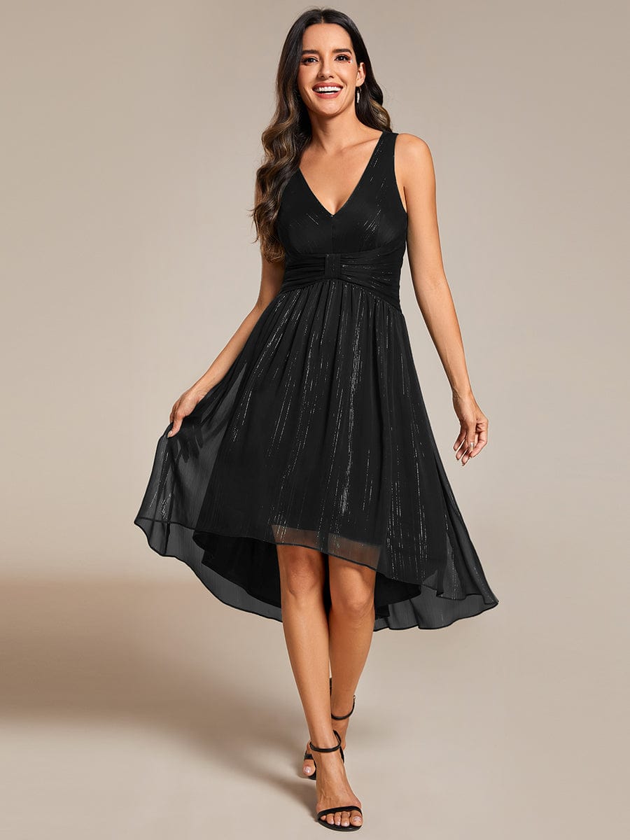 V-Neck High-Low Glitter Sleeveless Wedding Guest Dress with Pleated #color_Black