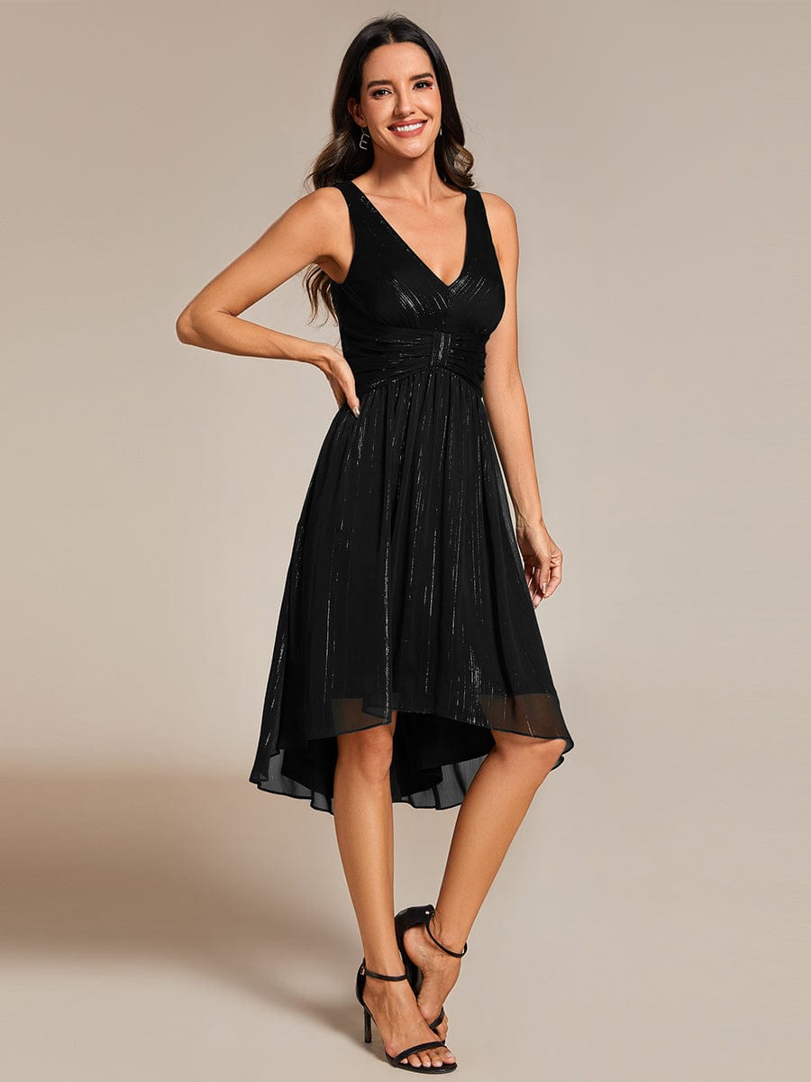 V-Neck High-Low Glitter Sleeveless Wedding Guest Dress with Pleated #color_Black