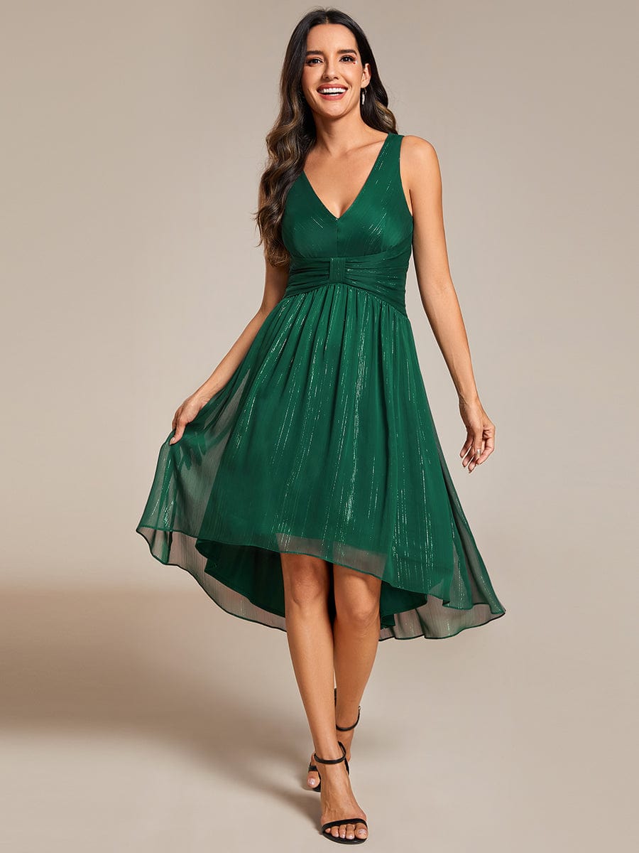 V-Neck High-Low Glitter Sleeveless Wedding Guest Dress with Pleated #color_Dark Green