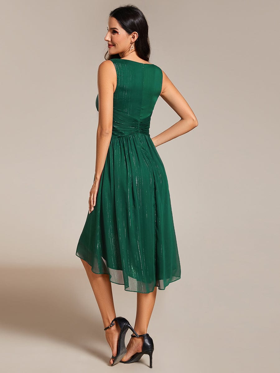 V-Neck High-Low Glitter Sleeveless Wedding Guest Dress with Pleated #color_Dark Green