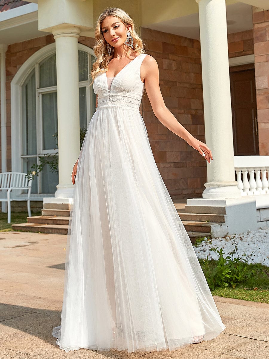 Empire Waist Illusion Sleeveless Lace Tulle A-Line Wedding Dress -  Ever-Pretty US