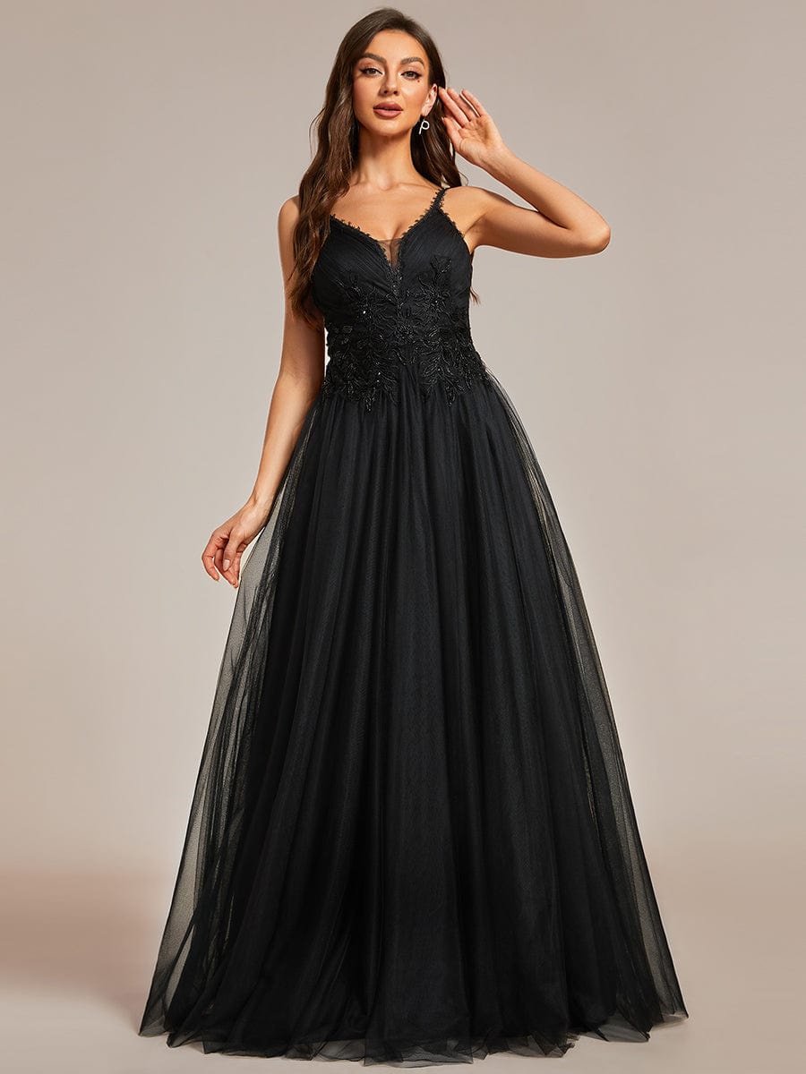 Tulle Floral Spaghetti Strap Illusion V-Neck A-Line Wedding Dress #color_Black