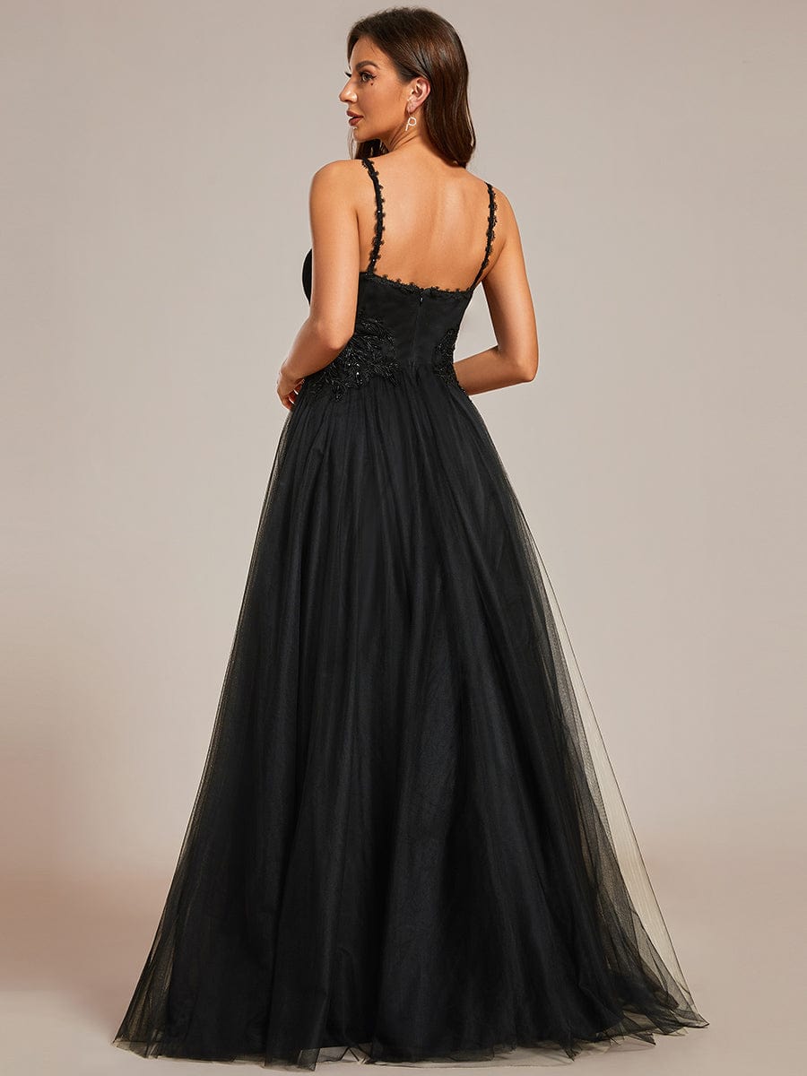 Tulle Floral Spaghetti Strap Illusion V-Neck A-Line Wedding Dress #color_Black