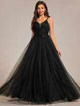 Tulle Floral Spaghetti Strap Illusion V-Neck A-Line Wedding Dress #color_Black