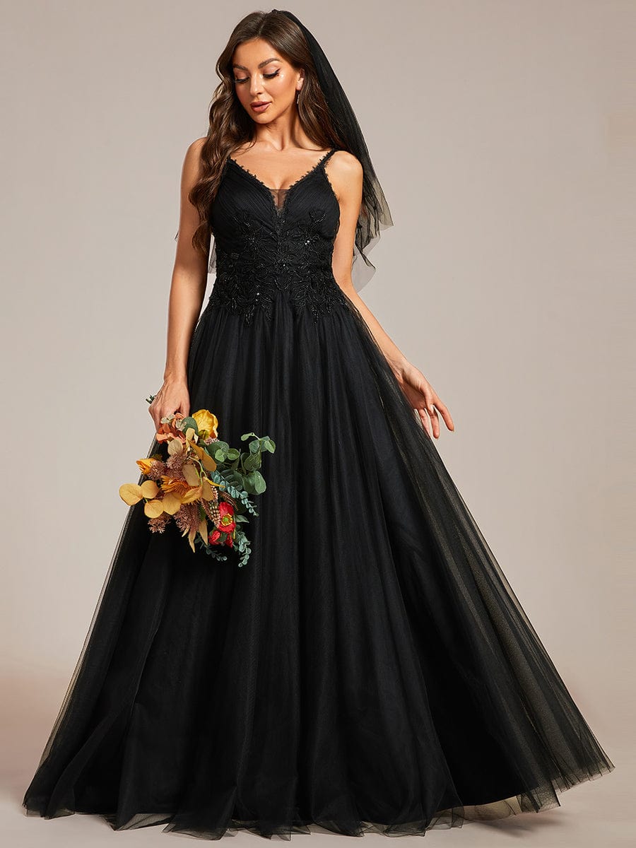 Tulle Floral Spaghetti Strap Illusion V-Neck A-Line Wedding Dress #color_Black