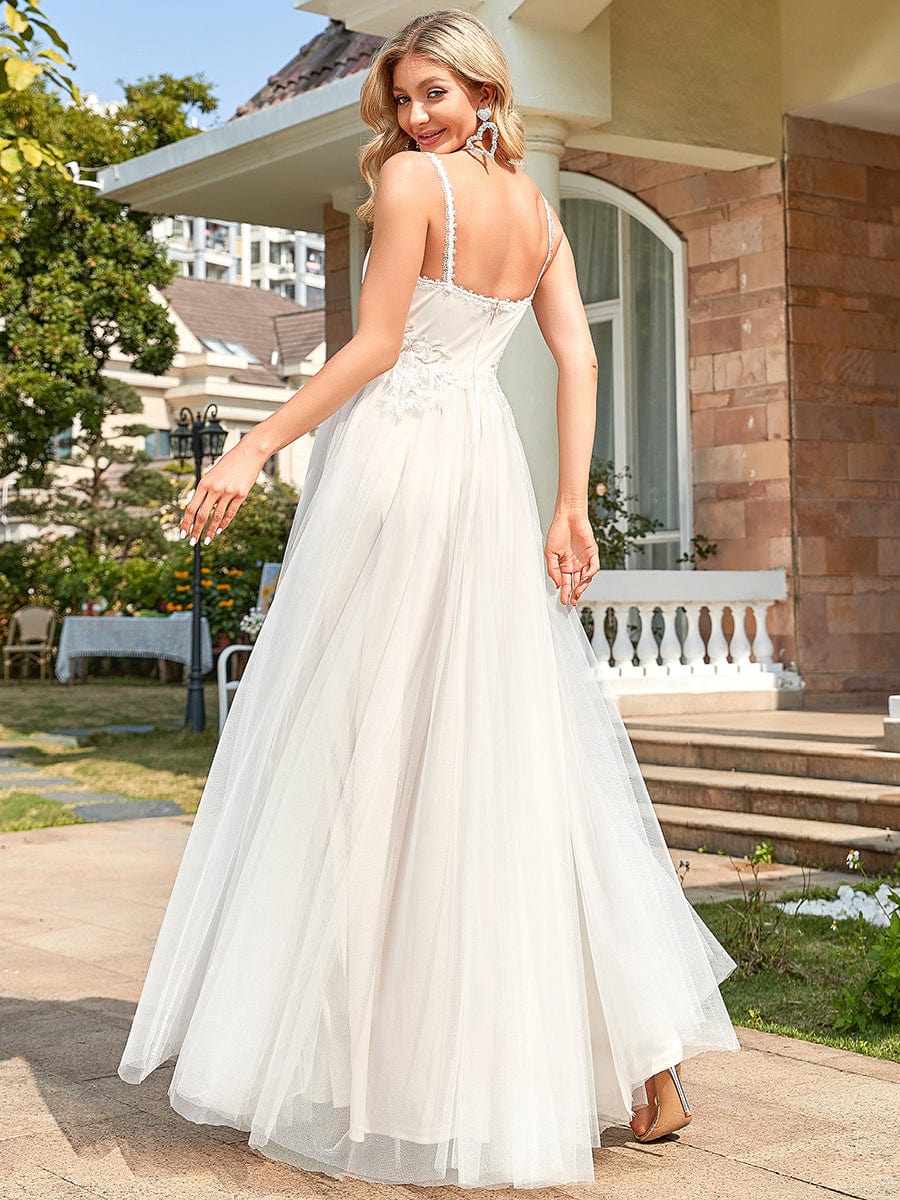 Tulle Floral Spaghetti Strap Illusion V-Neck A-Line Wedding Dress #color_Ivory 