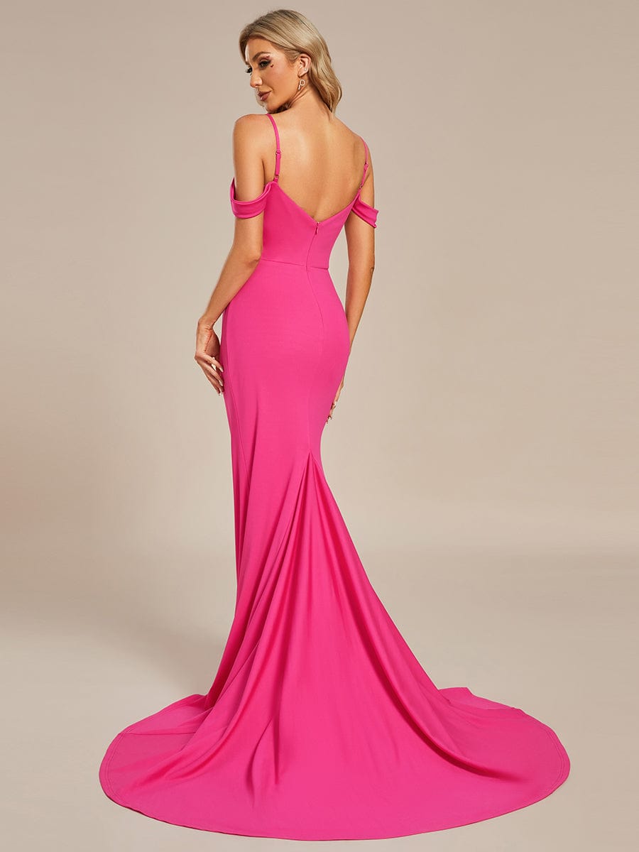 Spaghetti Strap Mermaid Pleated Deep V-Neck Wedding Dress #color_Hot Pink