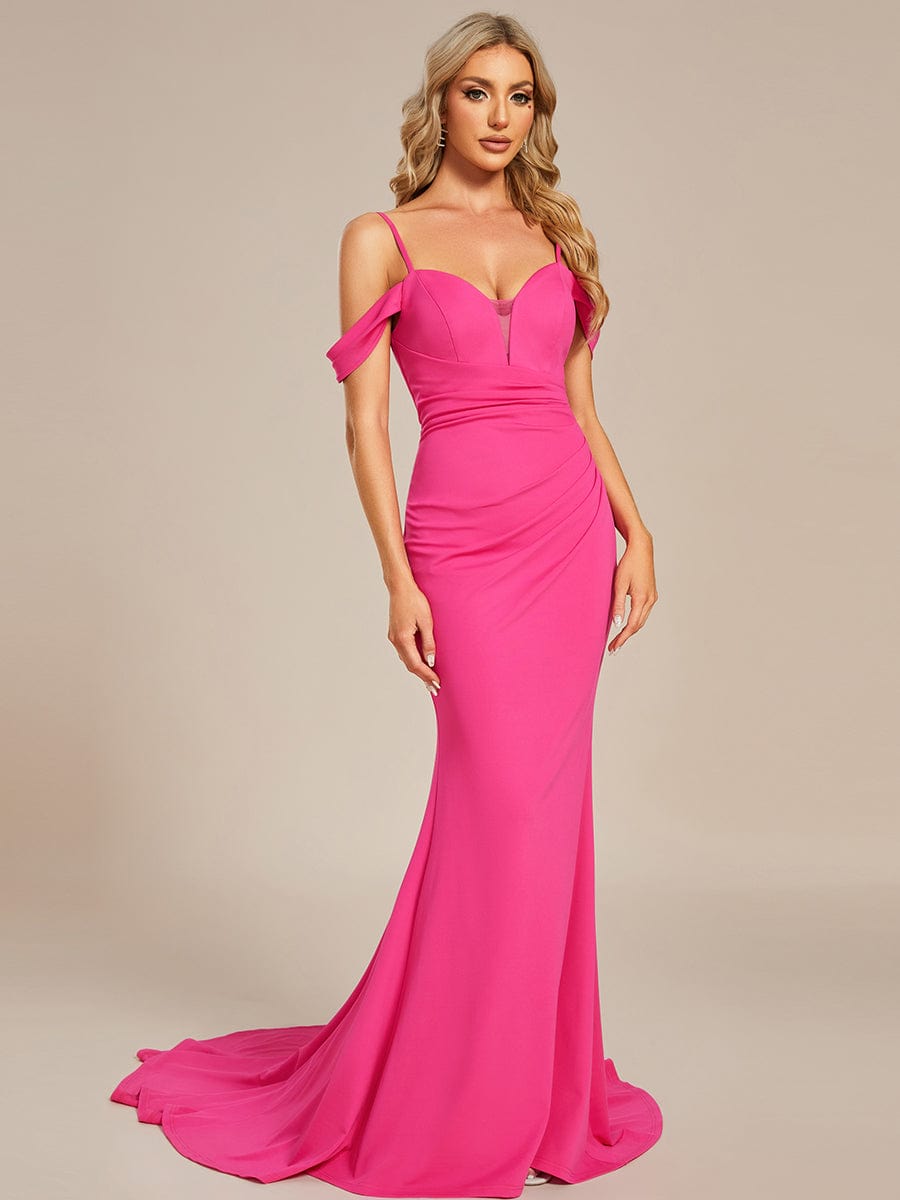 Spaghetti Strap Mermaid Pleated Deep V-Neck Wedding Dress #color_Hot Pink