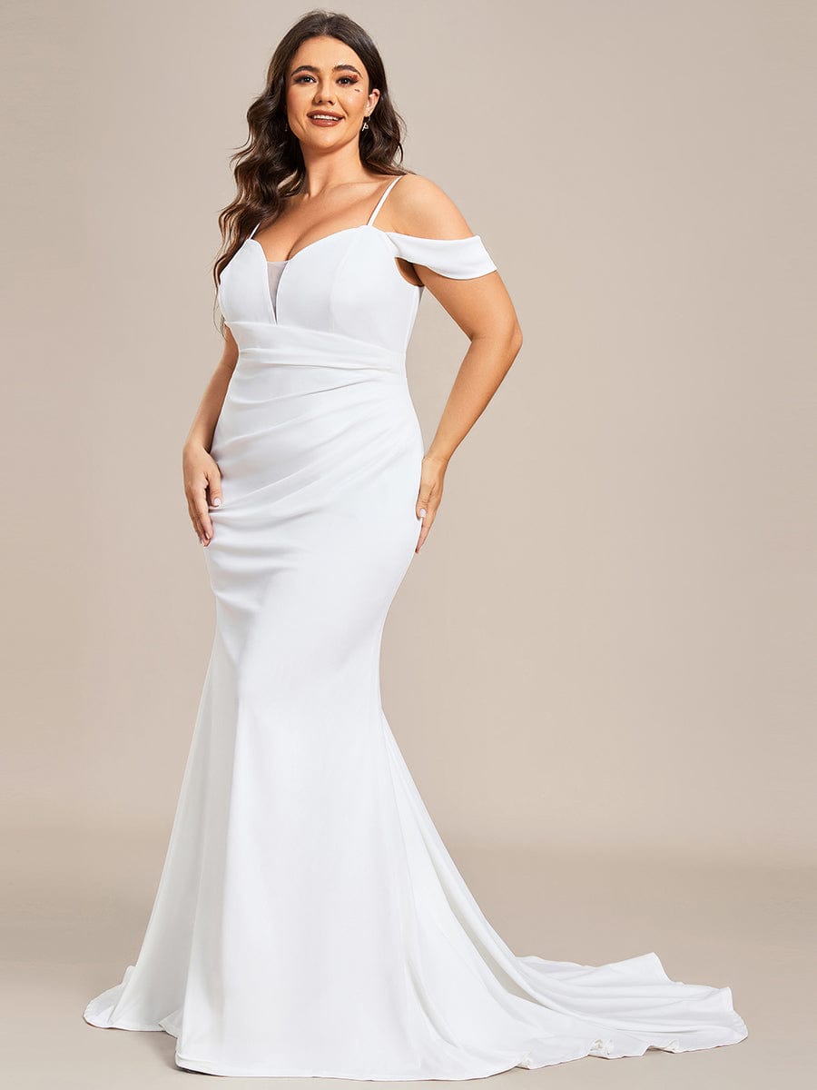 Spaghetti Strap Mermaid Pleated Deep V-Neck Wedding Dress #color_White