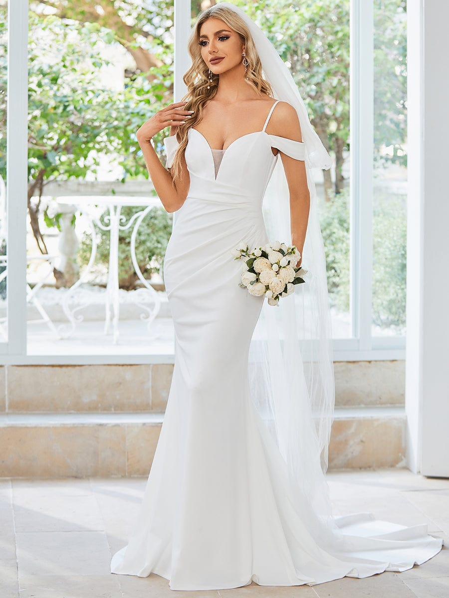 Spaghetti Strap Mermaid Pleated Deep V-Neck Wedding Dress #color_White