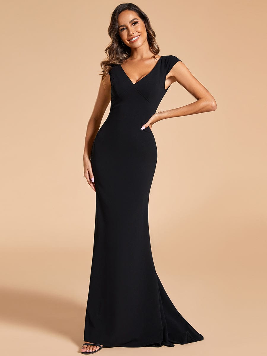 Cap Sleeve Deep V-Neck Backless Fishtail Wedding Dress #color_Black