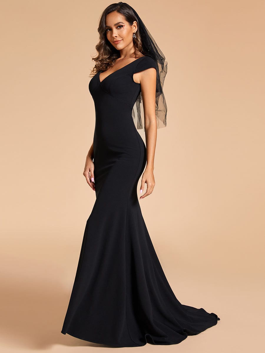 Cap Sleeve Deep V-Neck Backless Fishtail Wedding Dress #color_Black