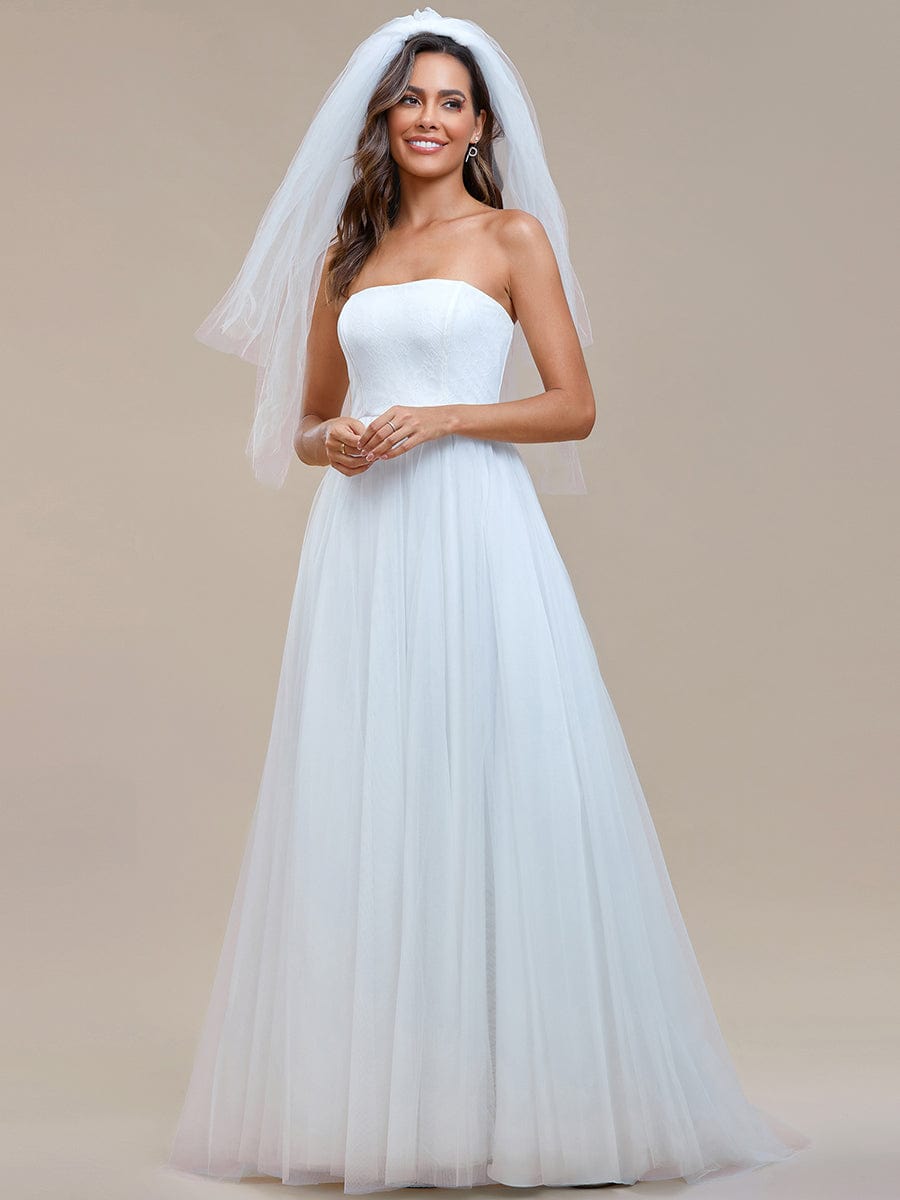 Romantic Back-laced Adjustable Strapless A-Line Tulle Wedding Dress #color_White