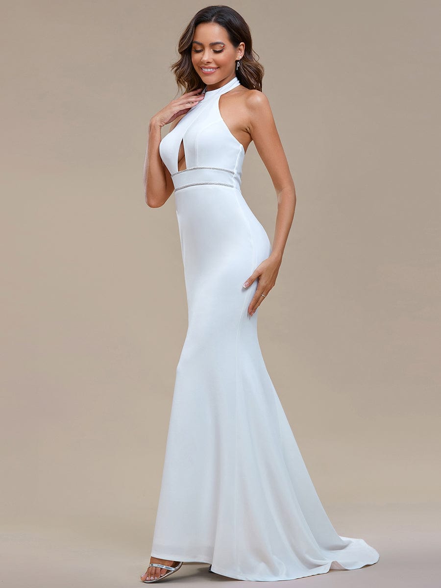 Halter Hollow Out Sleeveless Waist Detail Mermaid Wedding Dress #color_White