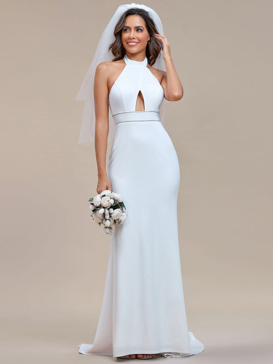 Halter Hollow Out Sleeveless Waist Detail Mermaid Wedding Dress #color_White