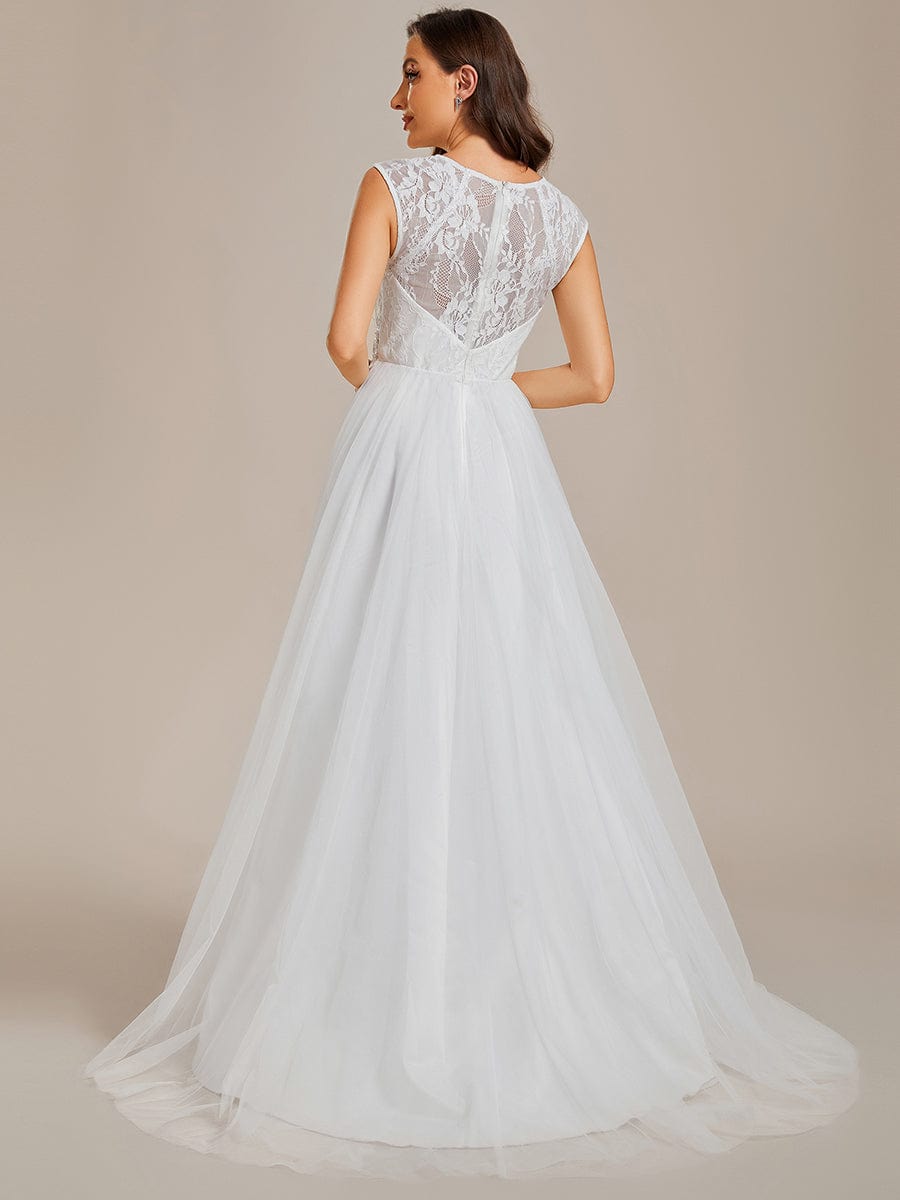 Cover Sleeve See-Through Round Neckline Lace Embroidery Wedding Dress #color_White