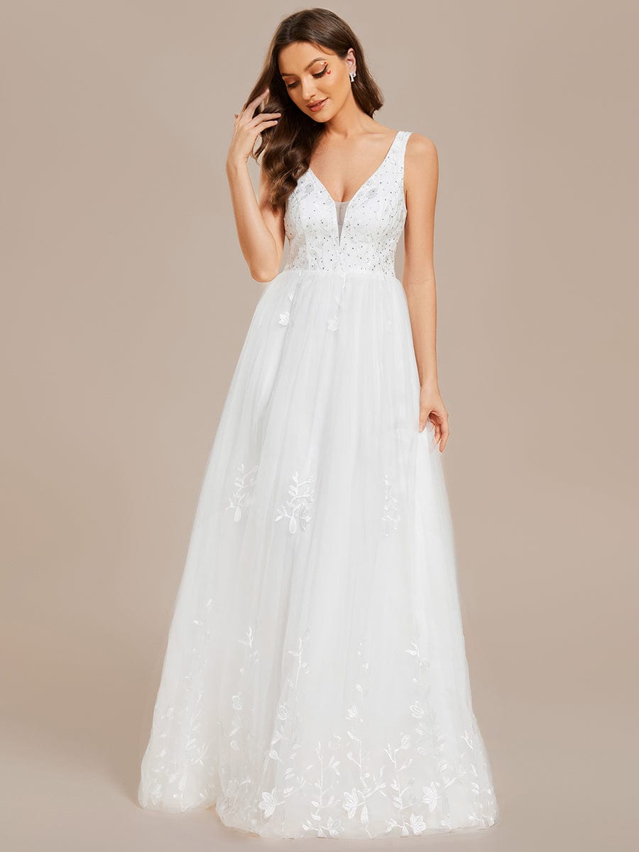 Sleeveless V-Neck A Line Embroidered Tulle Wedding Dress with Applique #color_White