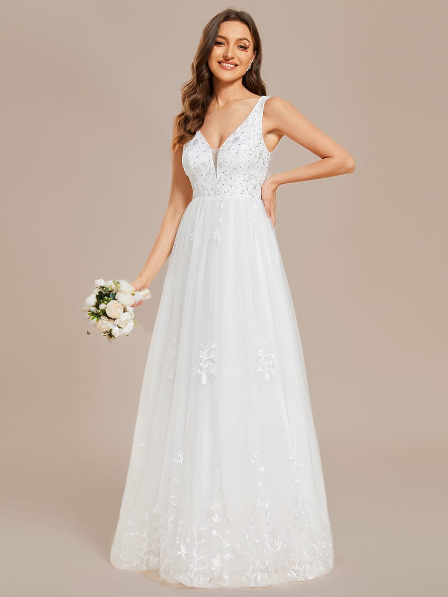 Sleeveless V-Neck A Line Embroidered Tulle Wedding Dress with Applique #color_White