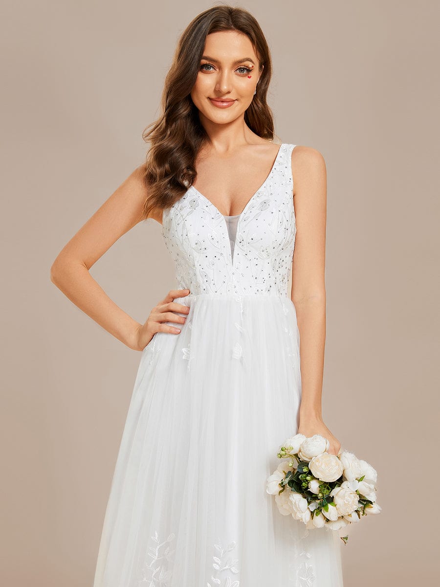 Sleeveless V-Neck A Line Embroidered Tulle Wedding Dress with Applique #color_White