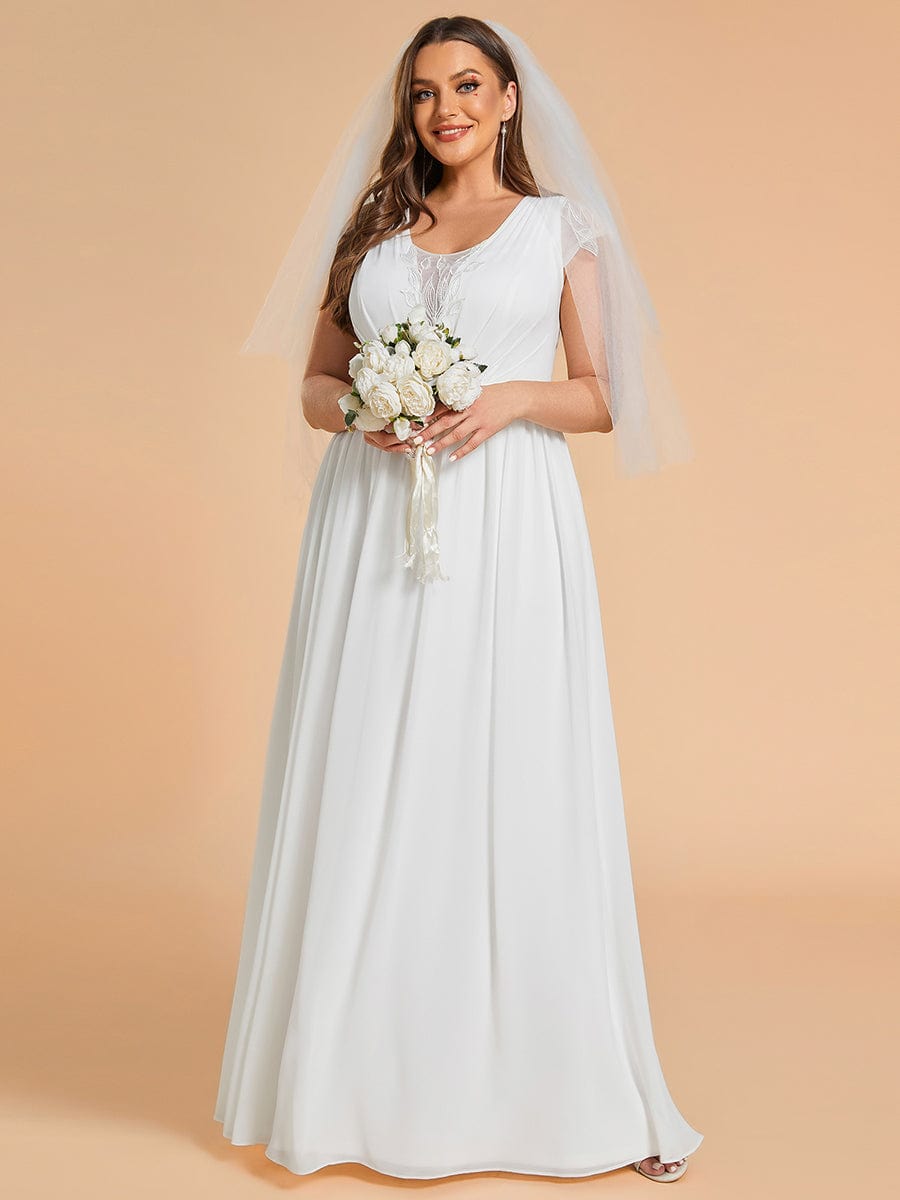 Plus Size Short-Sleeved V-Neck Chiffon Wedding Dresses #color_White