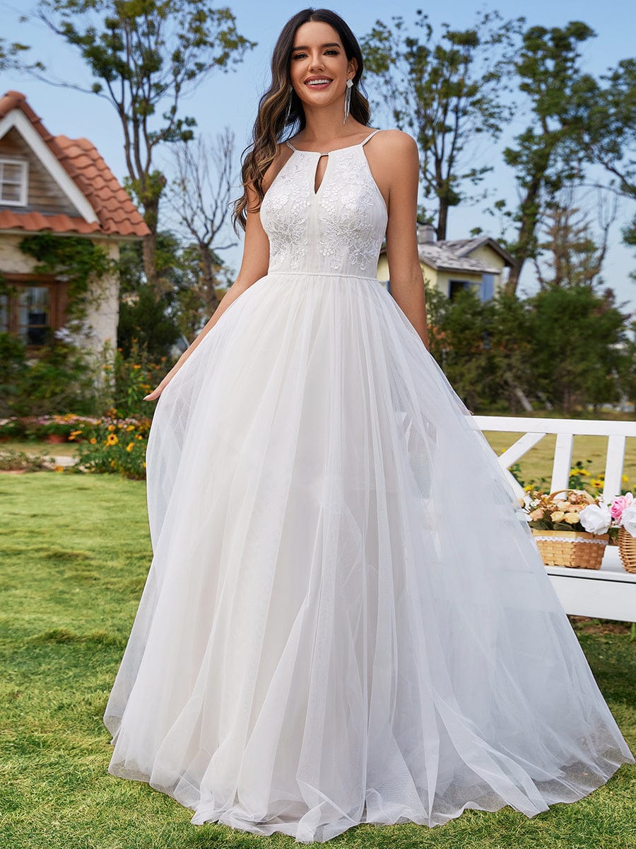 A-Line Applique Tulle Wedding Dress with Halter Neck #color_Ivory