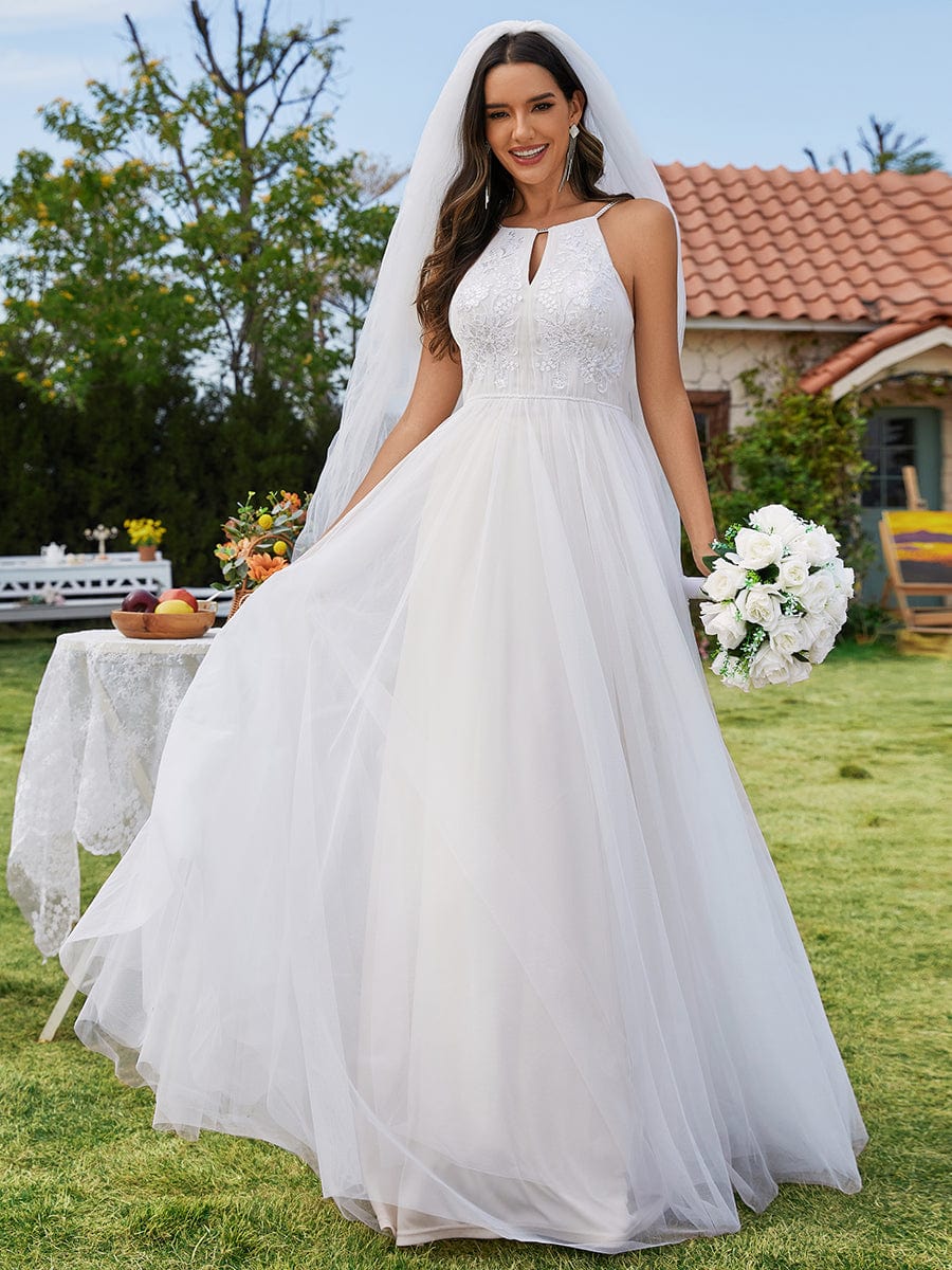 A-Line Applique Tulle Wedding Dress with Halter Neck #color_Ivory