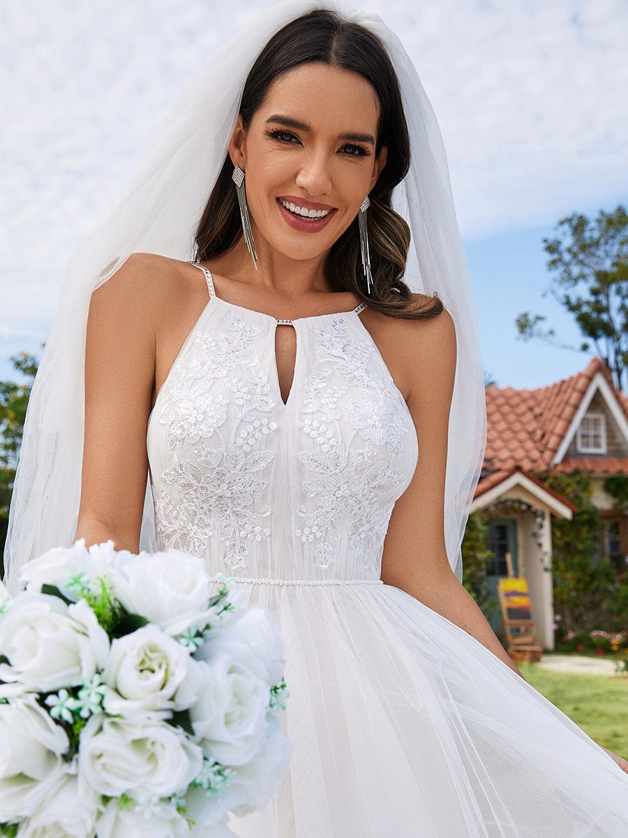 A-Line Applique Tulle Wedding Dress with Halter Neck #color_Ivory