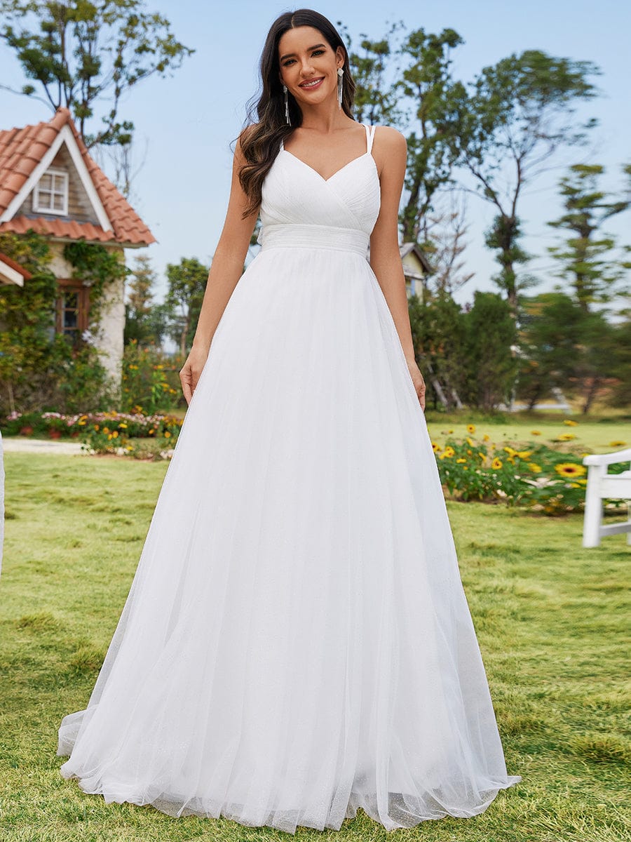 V-Neck Spaghetti Strap A-Line Wedding Dress with Delicate Bow Back #color_White